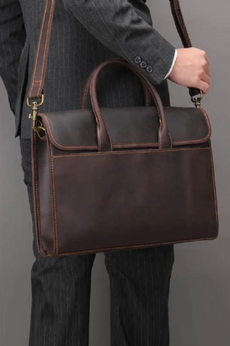 Ægte Læder Mænd Dokumentmappe 13.3 Tommer Laptop Business Håndtaske Retro Crossbody