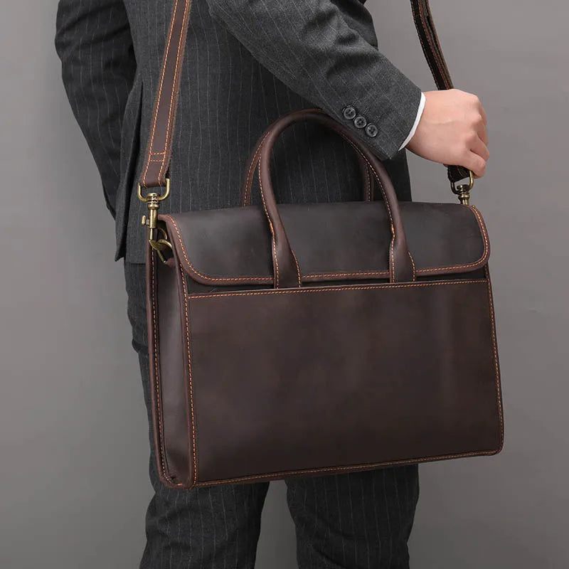 Ægte Læder Mænd Dokumentmappe 13.3 Tommer Laptop Business Håndtaske Retro Crossbody - Brun