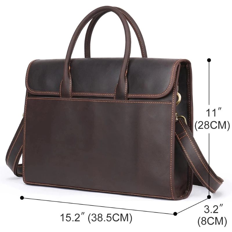 Ægte Læder Mænd Dokumentmappe 13.3 Tommer Laptop Business Håndtaske Retro Crossbody - Brun