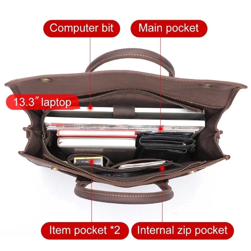 Ægte Læder Mænd Dokumentmappe 13.3 Tommer Laptop Business Håndtaske Retro Crossbody - Brun