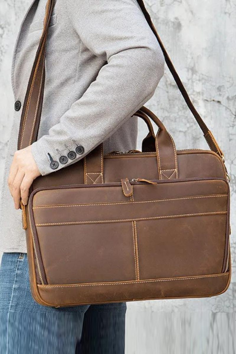 Lædermappe Til Mænd Business Håndtaske 15.6 Tommer Laptop Portfolio Skulder Messenger Bag