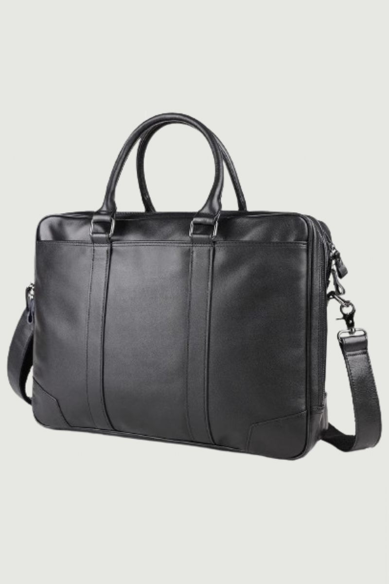 Mænd Ægte Lædermappe 15.6 Tommer Bærbar Håndtaske Business Crossbody Taske Mand Tote Messenger Skuldertasker Mandlige Rejsetaske - Sort