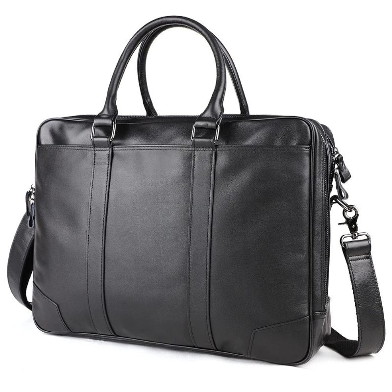 Mænd Ægte Lædermappe 15.6 Tommer Bærbar Håndtaske Business Crossbody Taske Mand Tote Messenger Skuldertasker Mandlige Rejsetaske - Sort