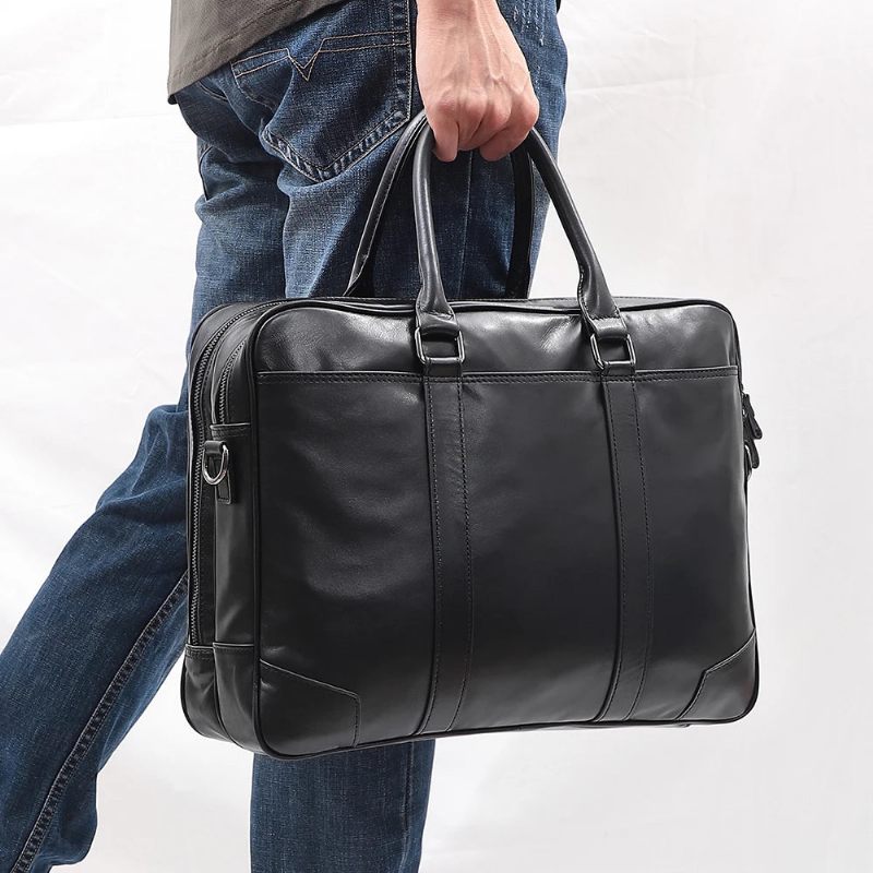 Mænd Ægte Lædermappe 15.6 Tommer Bærbar Håndtaske Business Crossbody Taske Mand Tote Messenger Skuldertasker Mandlige Rejsetaske - Sort