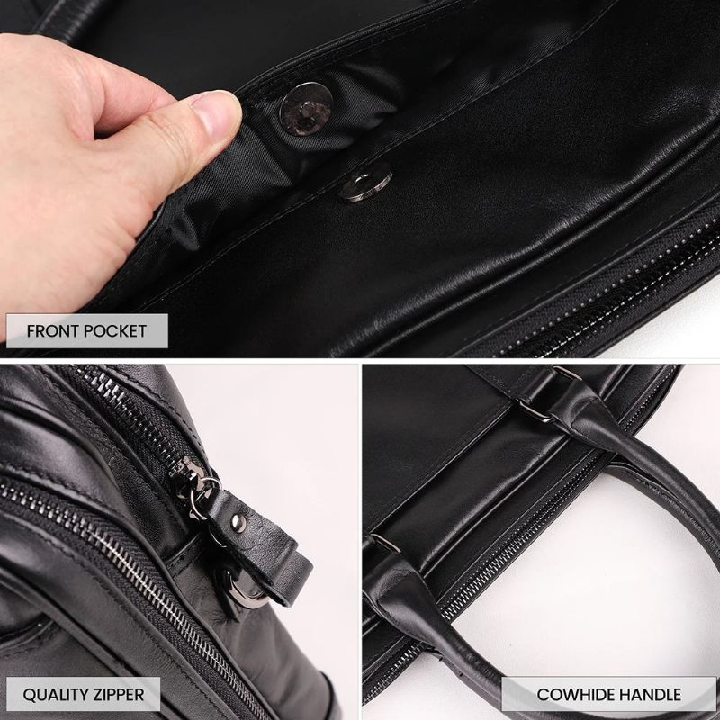 Mænd Ægte Lædermappe 15.6 Tommer Bærbar Håndtaske Business Crossbody Taske Mand Tote Messenger Skuldertasker Mandlige Rejsetaske - Sort