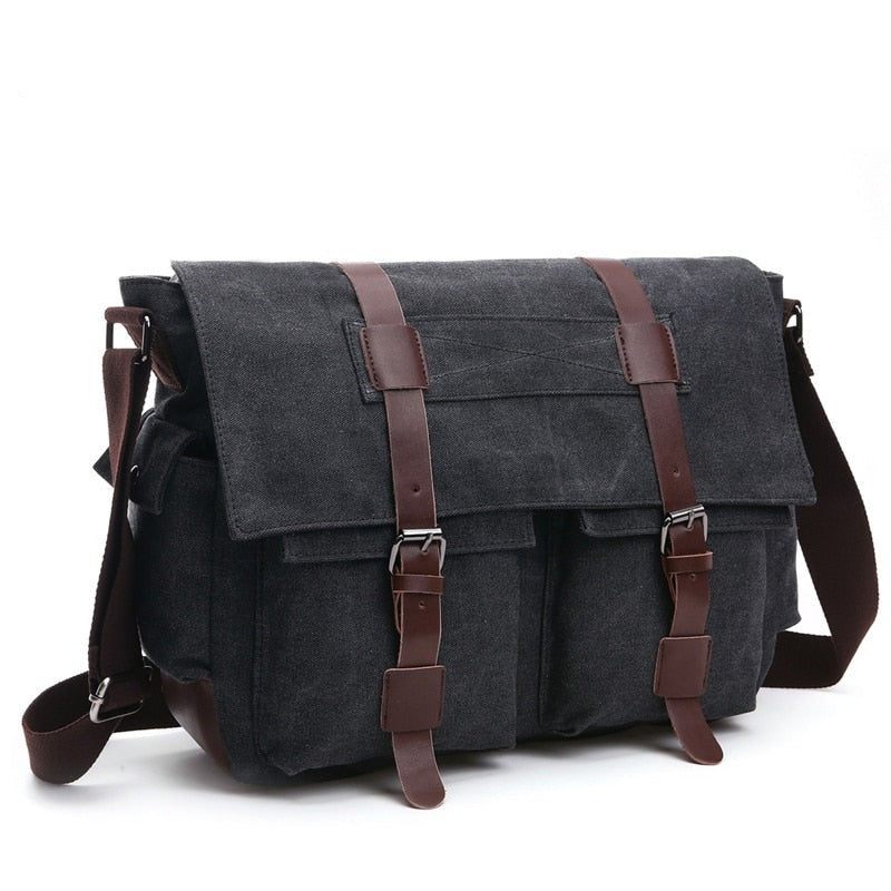 Mænd Messenger Tasker Lærred Og Læder Patchwork Big Satchel Skuldertasker Mandlige Laptop Briefcase Vintage Rejsehåndtaske - Kaki