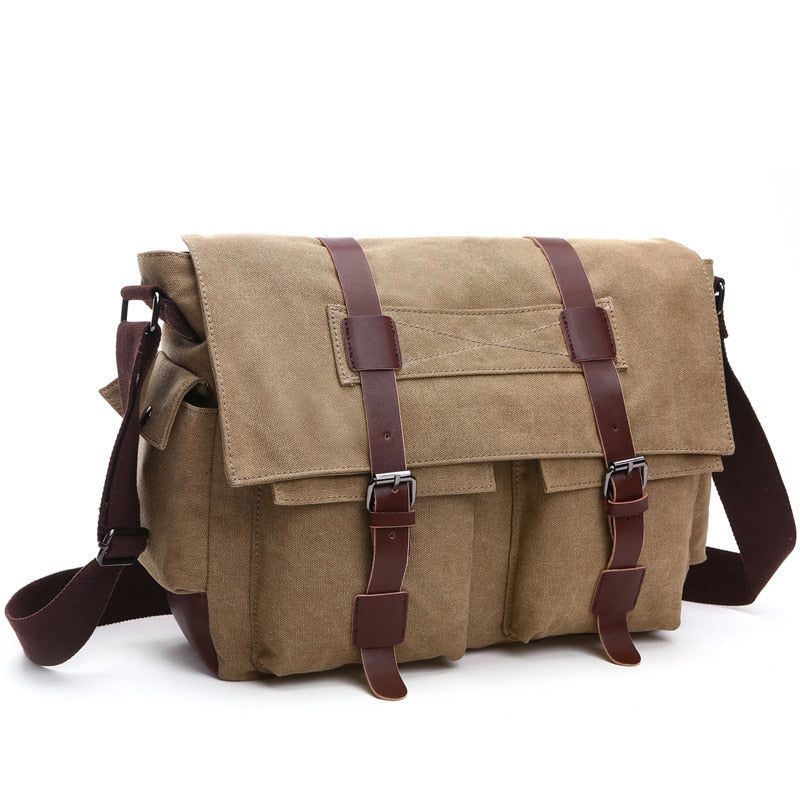 Mænd Messenger Tasker Lærred Og Læder Patchwork Big Satchel Skuldertasker Mandlige Laptop Briefcase Vintage Rejsehåndtaske - Kaki