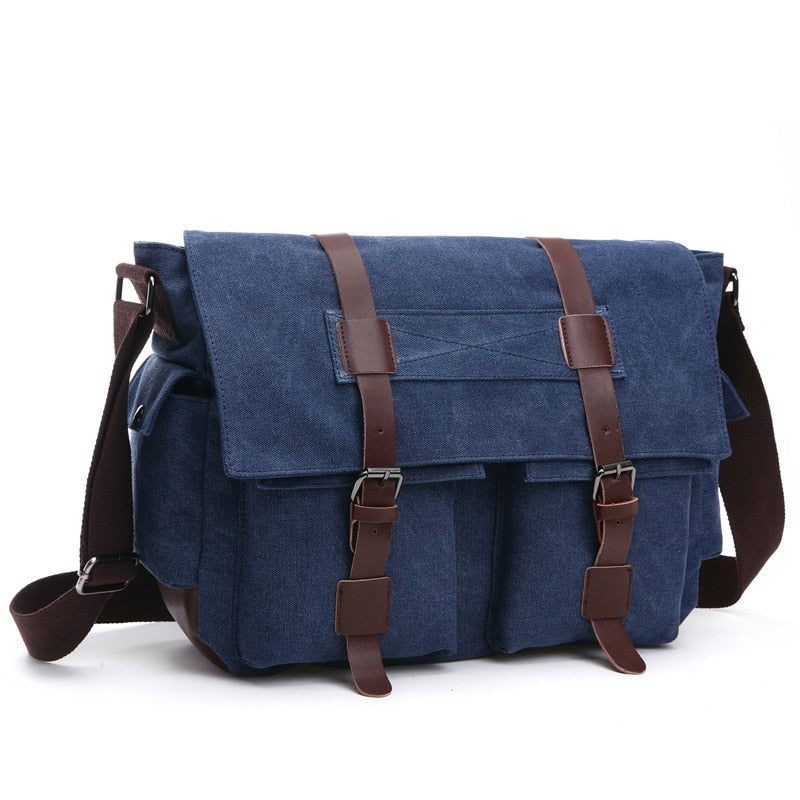 Mænd Messenger Tasker Lærred Og Læder Patchwork Big Satchel Skuldertasker Mandlige Laptop Briefcase Vintage Rejsehåndtaske - Kaki