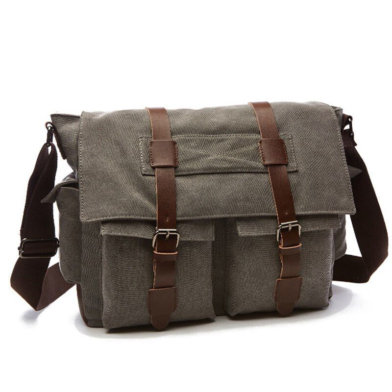 Mænd Messenger Tasker Lærred Og Læder Patchwork Big Satchel Skuldertasker Mandlige Laptop Briefcase Vintage Rejsehåndtaske - Kaki