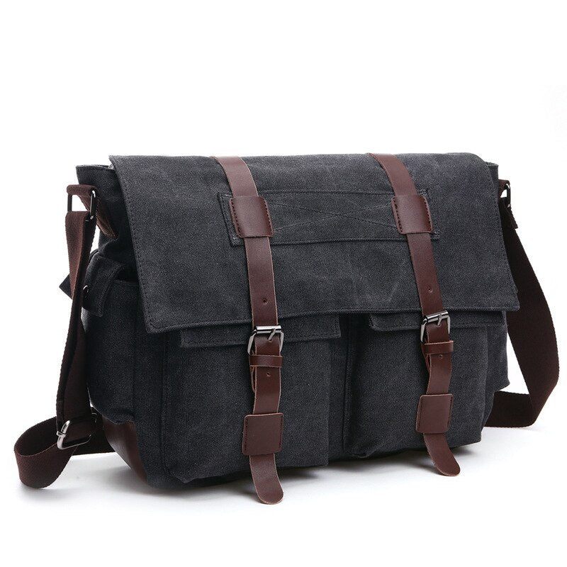 Mænd Messenger Tasker Lærred Og Læder Patchwork Big Satchel Skuldertasker Mandlige Laptop Briefcase Vintage Rejsehåndtaske - Kaki