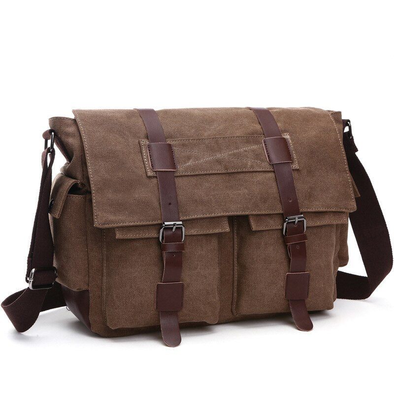 Mænd Messenger Tasker Lærred Og Læder Patchwork Big Satchel Skuldertasker Mandlige Laptop Briefcase Vintage Rejsehåndtaske - Kaki