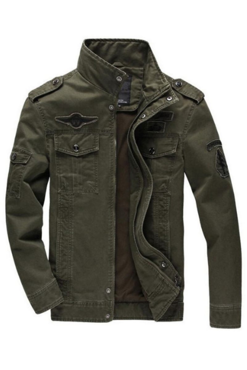 Army Military Jakke Mænd Forår Efterår Bomuld Vasket Frakke Multi-pocket Pilot Bomber Tactical Flight Jakker - Sort