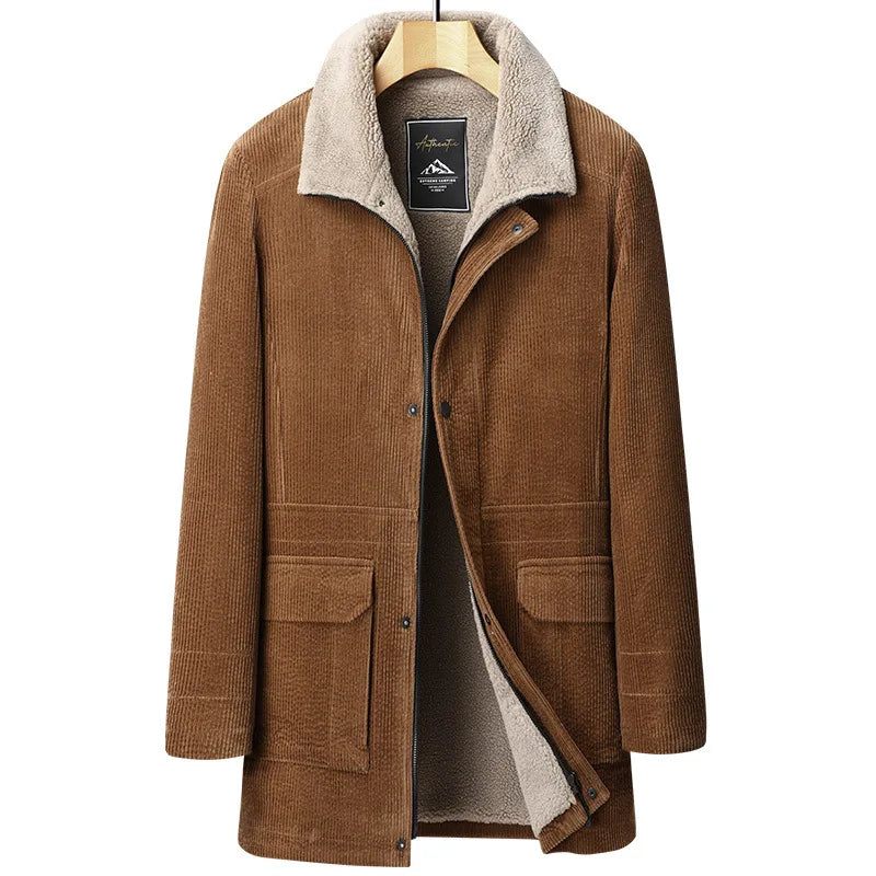 Corduroy Coat Mænd Varm Casual Ensfarve Slim Fit Simple Lapel Vindtæt Frakke - Khaki