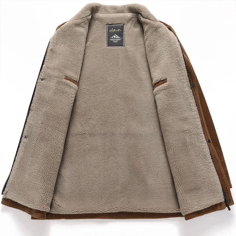 Corduroy Coat Mænd Varm Casual Ensfarve Slim Fit Simple Lapel Vindtæt Frakke - Khaki