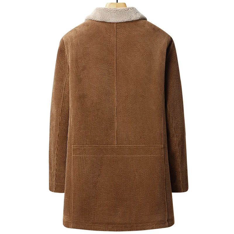 Corduroy Coat Mænd Varm Casual Ensfarve Slim Fit Simple Lapel Vindtæt Frakke - Khaki