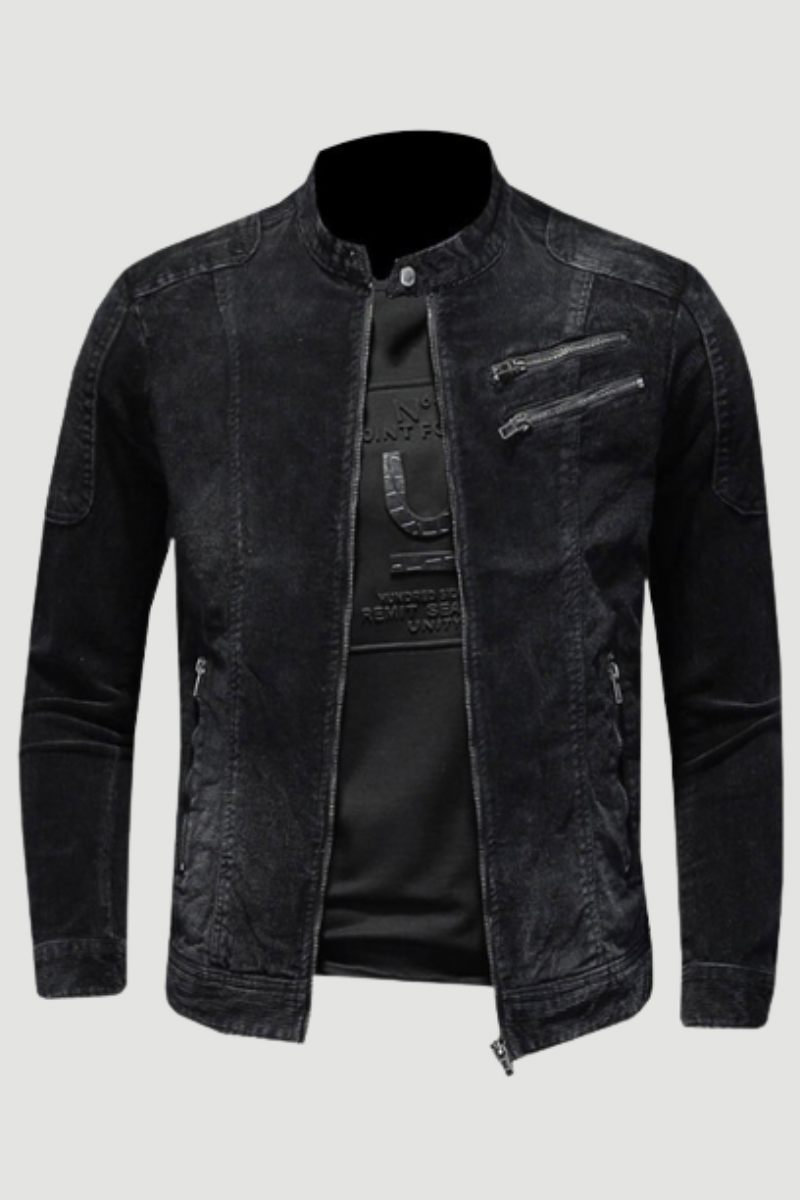 Corduroy Jeans Jakke Mænd Denim Coat Bomber Motorcykel Stand Krave Langærmet Slank Street Sort Cowboy Outwear Tøj