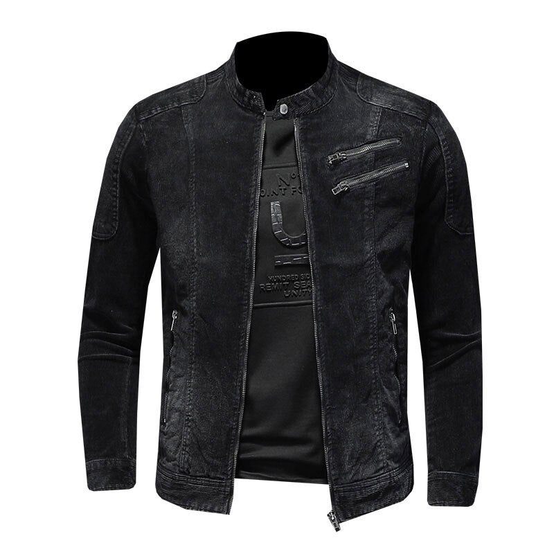 Corduroy Jeans Jakke Mænd Denim Coat Bomber Motorcykel Stand Krave Langærmet Slank Street Sort Cowboy Outwear Tøj - Sort