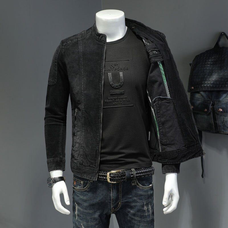 Corduroy Jeans Jakke Mænd Denim Coat Bomber Motorcykel Stand Krave Langærmet Slank Street Sort Cowboy Outwear Tøj - Sort