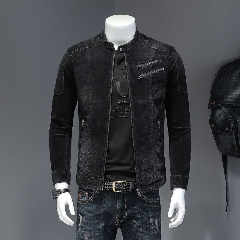 Corduroy Jeans Jakke Mænd Denim Coat Bomber Motorcykel Stand Krave Langærmet Slank Street Sort Cowboy Outwear Tøj - Sort