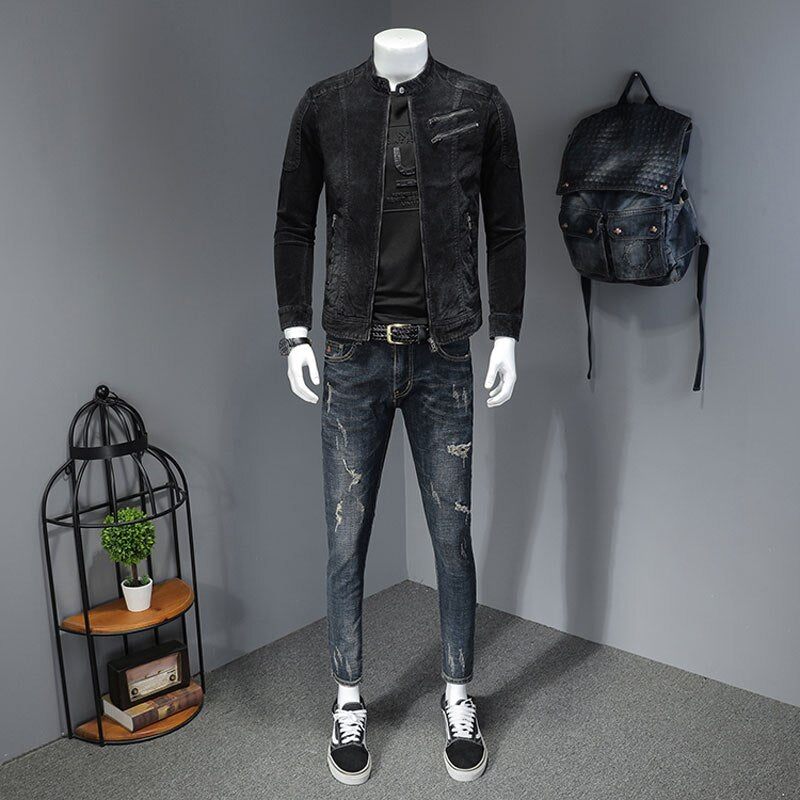 Corduroy Jeans Jakke Mænd Denim Coat Bomber Motorcykel Stand Krave Langærmet Slank Street Sort Cowboy Outwear Tøj - Sort