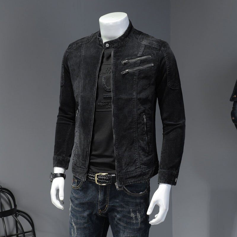 Corduroy Jeans Jakke Mænd Denim Coat Bomber Motorcykel Stand Krave Langærmet Slank Street Sort Cowboy Outwear Tøj - Sort