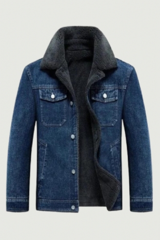 Denim Fleecejakke Herre Thicken Warm Windbreaker Cowboyfrakker Med Flere Lommer Udendørs Afslappet Løs Overfrakke Vinter