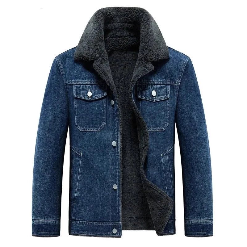 Denim Fleecejakke Herre Thicken Warm Windbreaker Cowboyfrakker Med Flere Lommer Udendørs Afslappet Løs Overfrakke Vinter - Sort