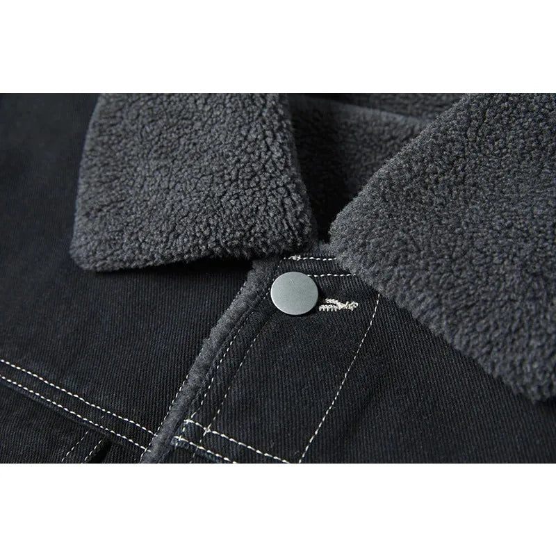 Denim Fleecejakke Herre Thicken Warm Windbreaker Cowboyfrakker Med Flere Lommer Udendørs Afslappet Løs Overfrakke Vinter - Sort