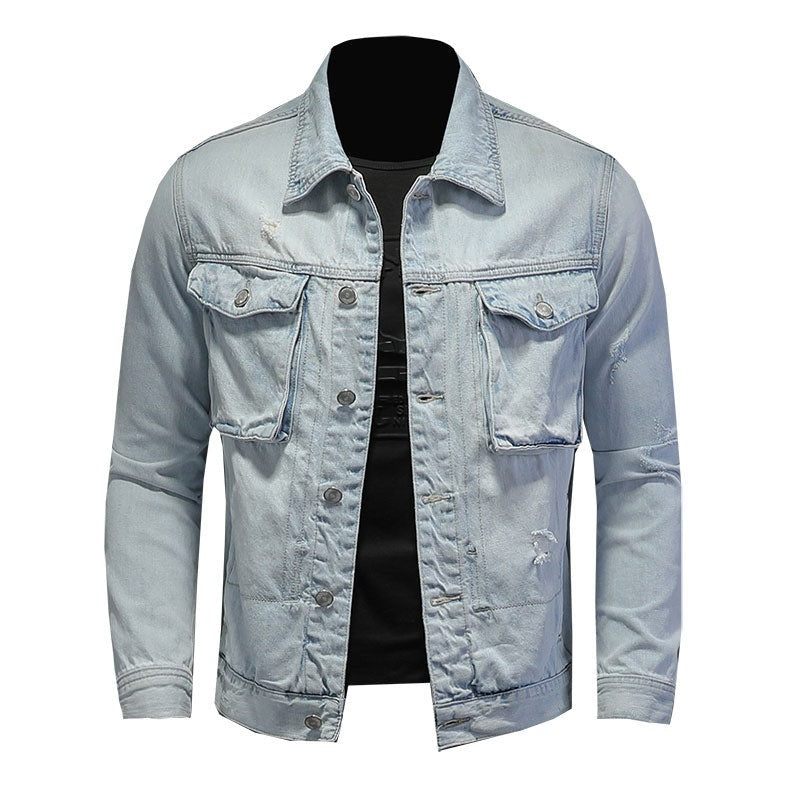 Denim Motorcykel Mænd Jakke High Street Retro Bomber Jacket Tøj - Himmelblå