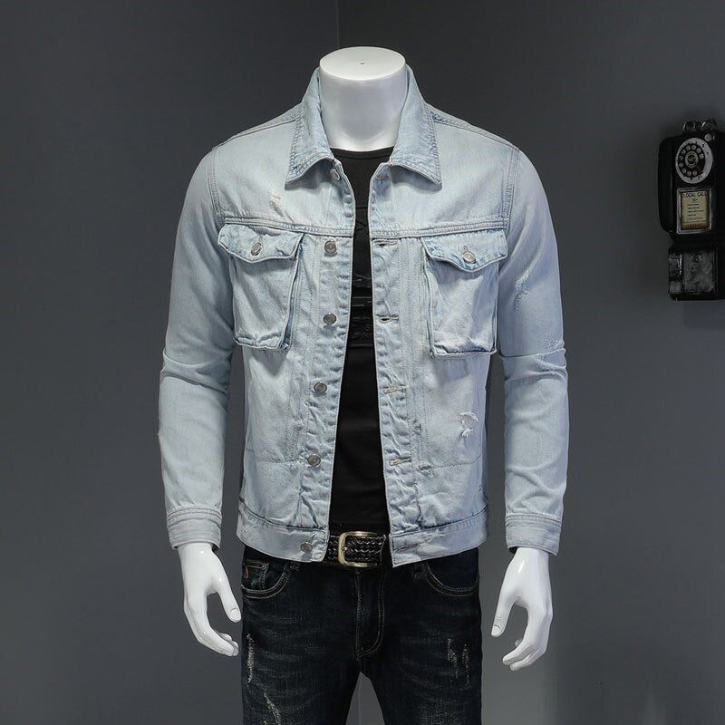 Denim Motorcykel Mænd Jakke High Street Retro Bomber Jacket Tøj - Himmelblå