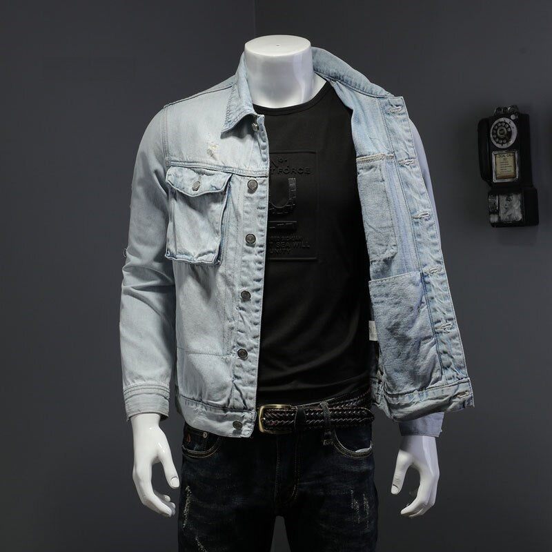 Denim Motorcykel Mænd Jakke High Street Retro Bomber Jacket Tøj - Himmelblå