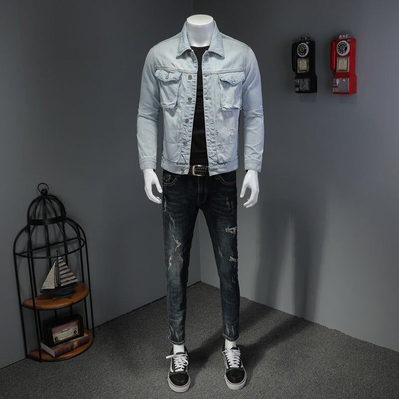 Denim Motorcykel Mænd Jakke High Street Retro Bomber Jacket Tøj - Himmelblå