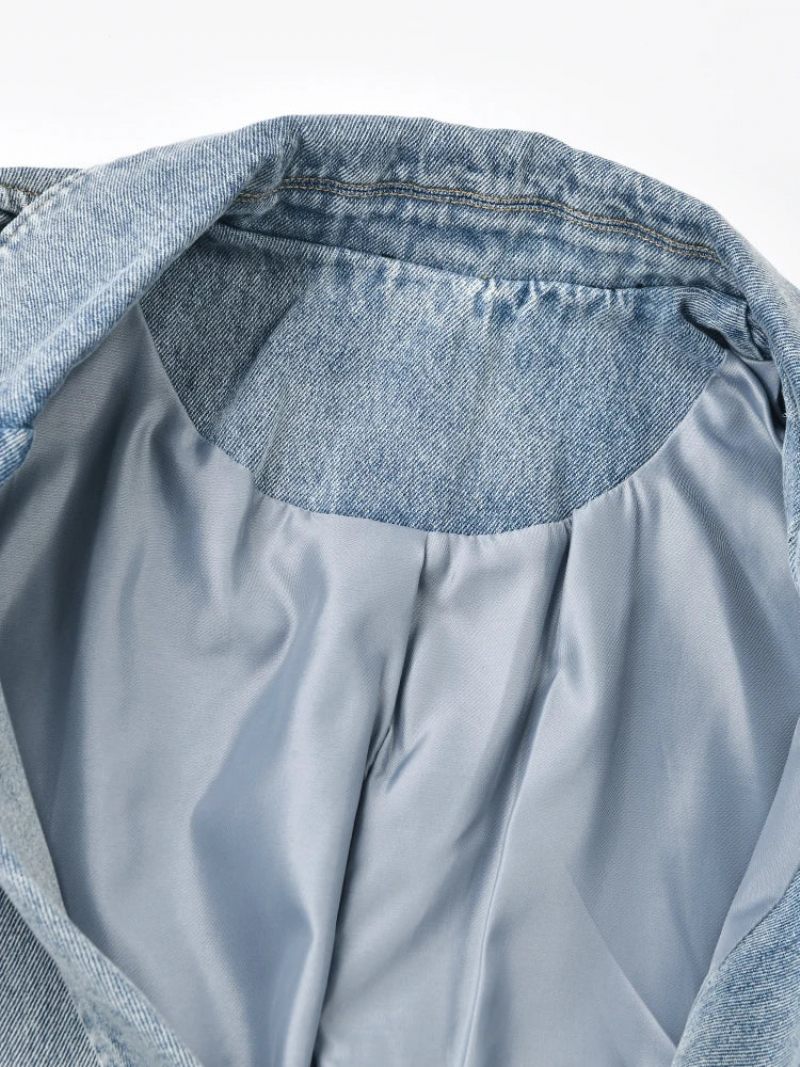 Denim Vintage Jakke Løs Revers Langærmet Kvinder Frakke Tide Forår Efterår - Blå