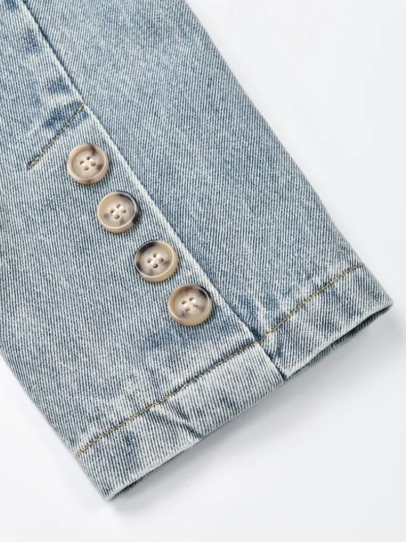 Denim Vintage Jakke Løs Revers Langærmet Kvinder Frakke Tide Forår Efterår - Blå