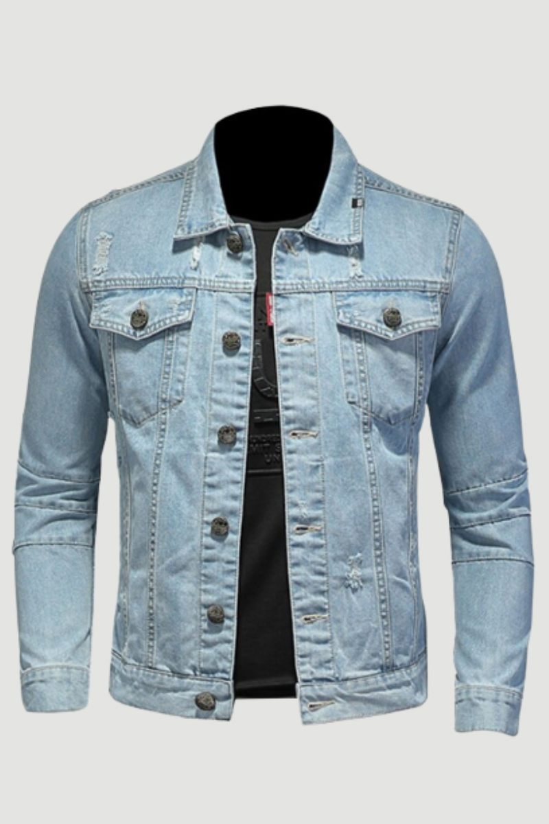 Denimjakke Mænd Jeans Frakker Lapel Langærmet Enkeltradet Slank Motorcykel Bomber Lyseblå Casual Outwear Tøj