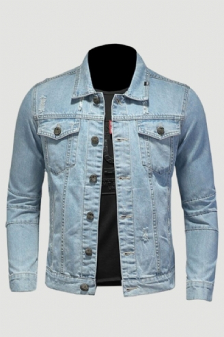 Denimjakke Mænd Jeans Frakker Lapel Langærmet Enkeltradet Slank Motorcykel Bomber Lyseblå Casual Outwear Tøj