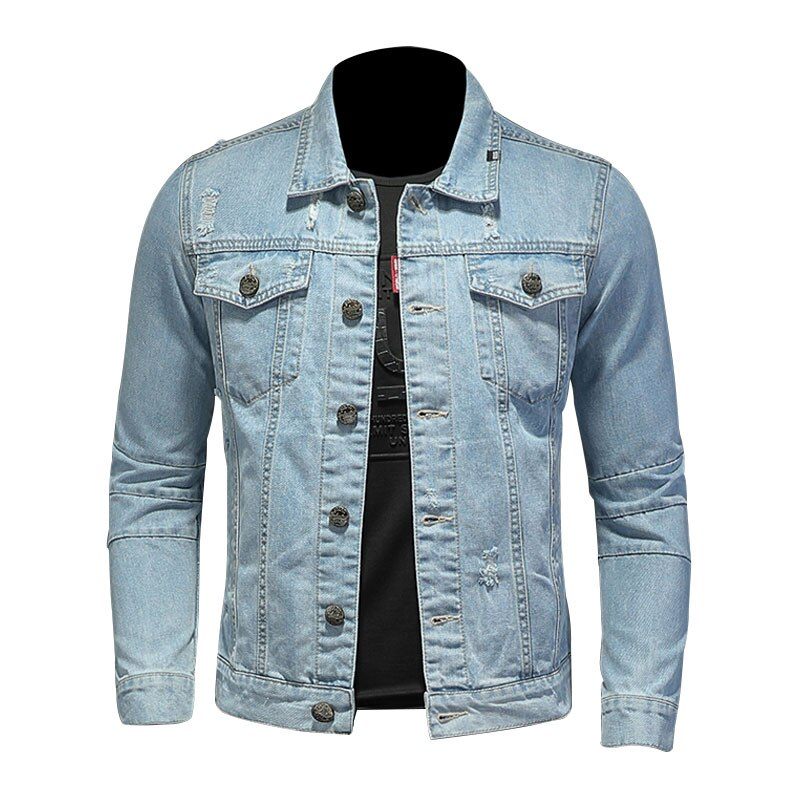 Denimjakke Mænd Jeans Frakker Lapel Langærmet Enkeltradet Slank Motorcykel Bomber Lyseblå Casual Outwear Tøj - Himmelblå