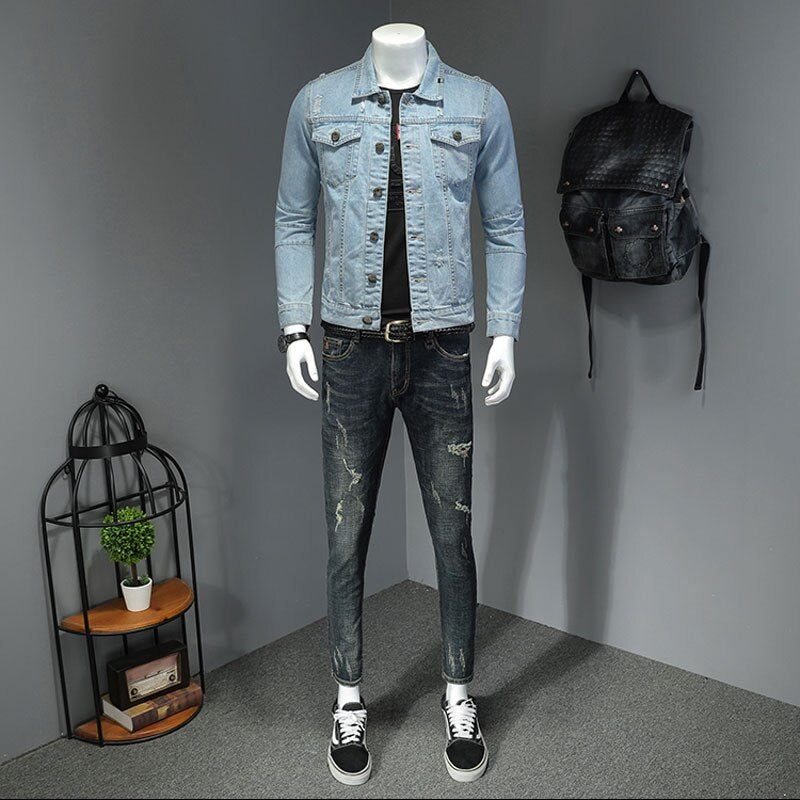 Denimjakke Mænd Jeans Frakker Lapel Langærmet Enkeltradet Slank Motorcykel Bomber Lyseblå Casual Outwear Tøj - Himmelblå