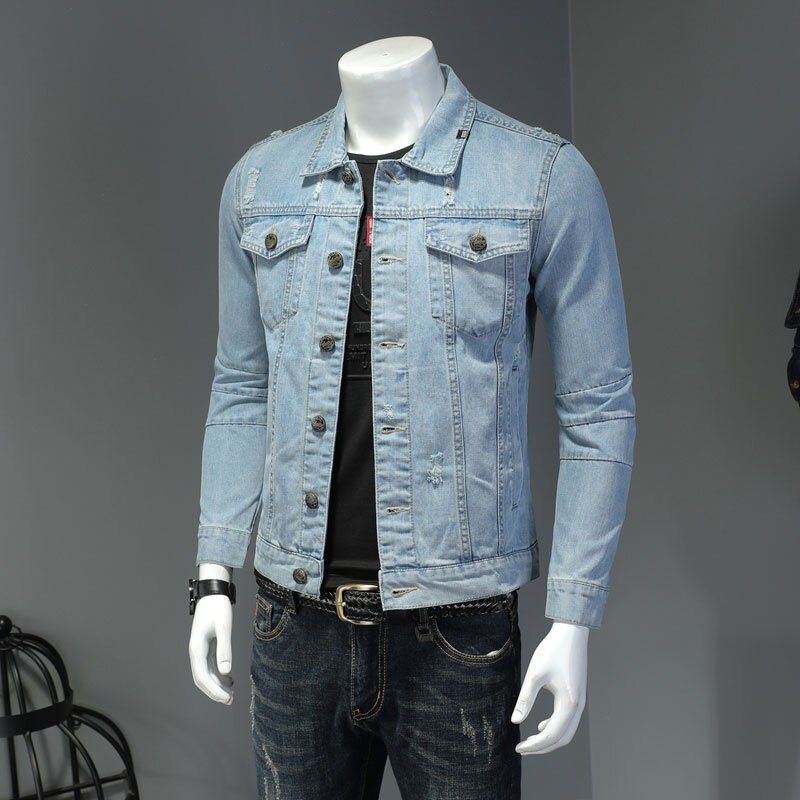 Denimjakke Mænd Jeans Frakker Lapel Langærmet Enkeltradet Slank Motorcykel Bomber Lyseblå Casual Outwear Tøj - Himmelblå