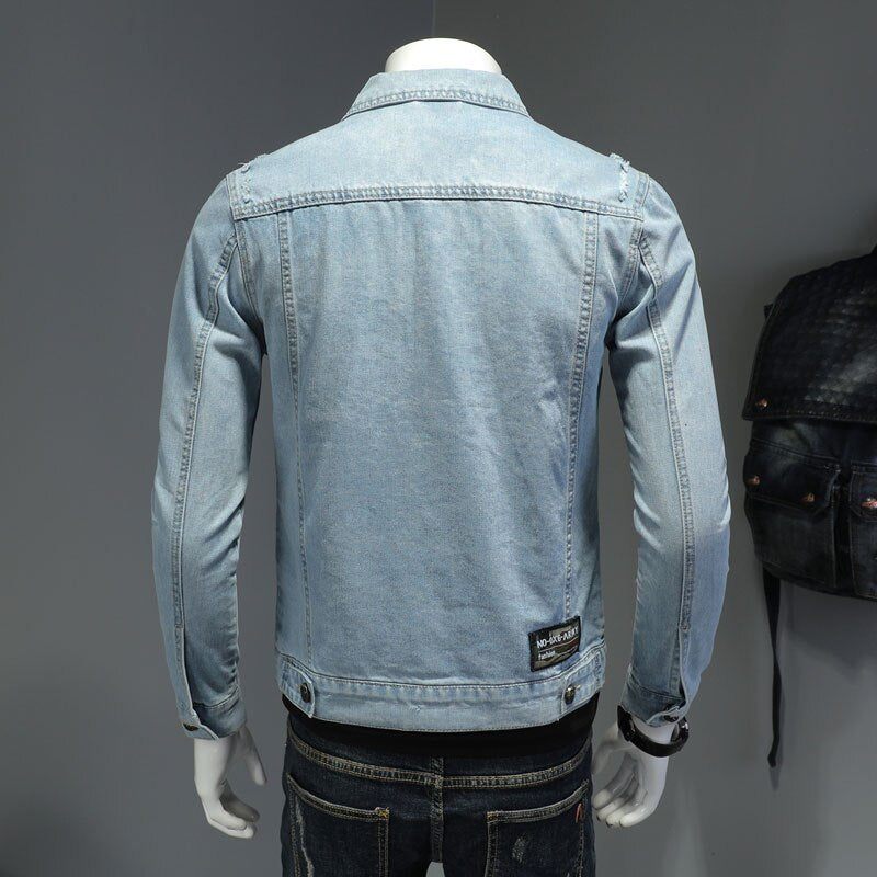 Denimjakke Mænd Jeans Frakker Lapel Langærmet Enkeltradet Slank Motorcykel Bomber Lyseblå Casual Outwear Tøj - Himmelblå