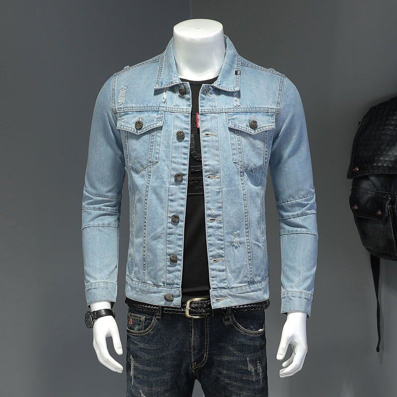 Denimjakke Mænd Jeans Frakker Lapel Langærmet Enkeltradet Slank Motorcykel Bomber Lyseblå Casual Outwear Tøj - Himmelblå