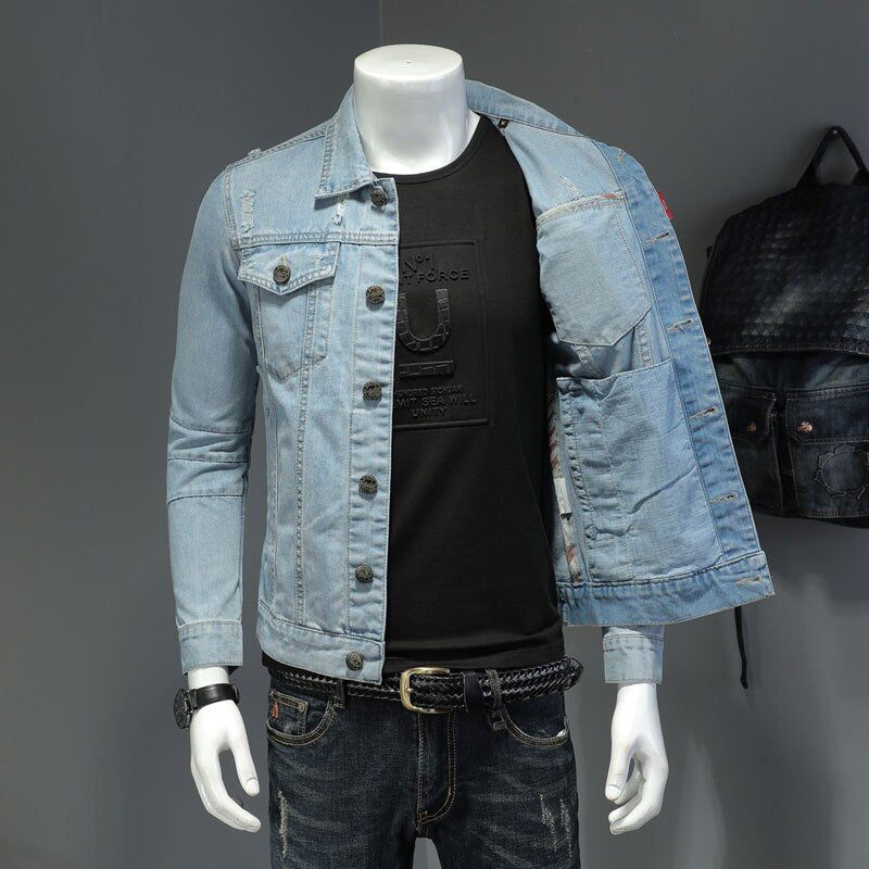 Denimjakke Mænd Jeans Frakker Lapel Langærmet Enkeltradet Slank Motorcykel Bomber Lyseblå Casual Outwear Tøj - Himmelblå