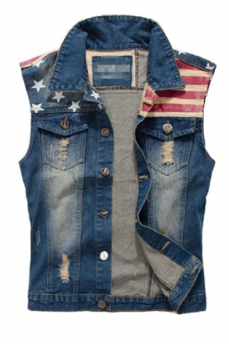 Denimvest Til Mænd Cowboy Ripped Ærmeløs Vintagejakke Tank Forår Usa Flagvasket Jeansvest