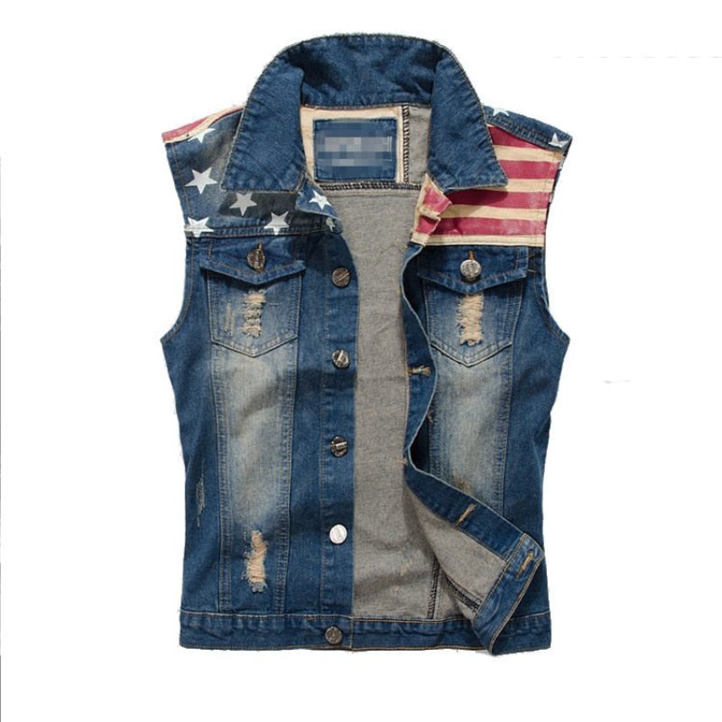 Denimvest Til Mænd Cowboy Ripped Ærmeløs Vintagejakke Tank Forår Usa Flagvasket Jeansvest - Demin Blå