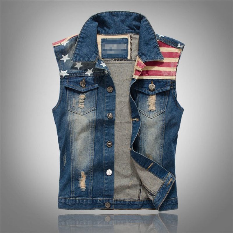 Denimvest Til Mænd Cowboy Ripped Ærmeløs Vintagejakke Tank Forår Usa Flagvasket Jeansvest - Demin Blå