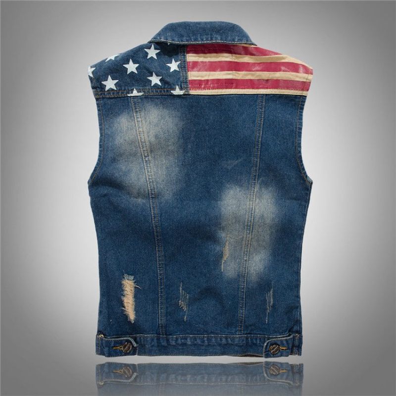 Denimvest Til Mænd Cowboy Ripped Ærmeløs Vintagejakke Tank Forår Usa Flagvasket Jeansvest - Demin Blå