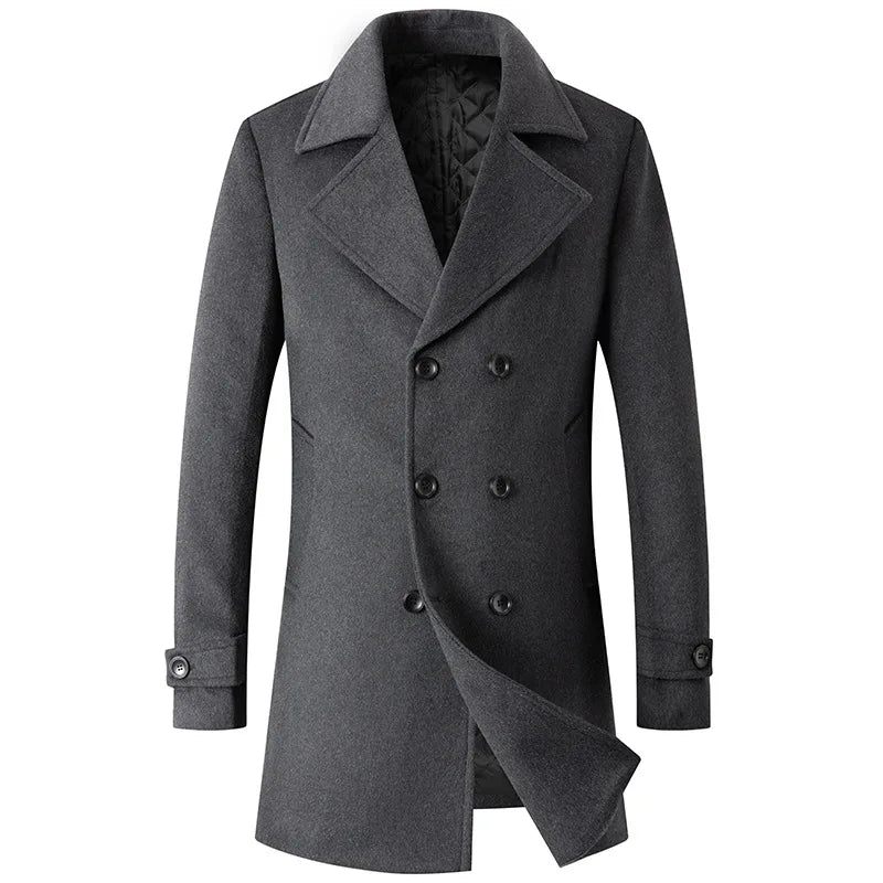 Double Breasted Coat Mænd Uld Jakke Lang Lapel Trench Coats Mand Vinter Windbreak Tøj - Sort