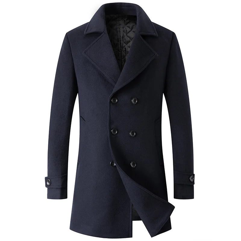 Double Breasted Coat Mænd Uld Jakke Lang Lapel Trench Coats Mand Vinter Windbreak Tøj - Sort