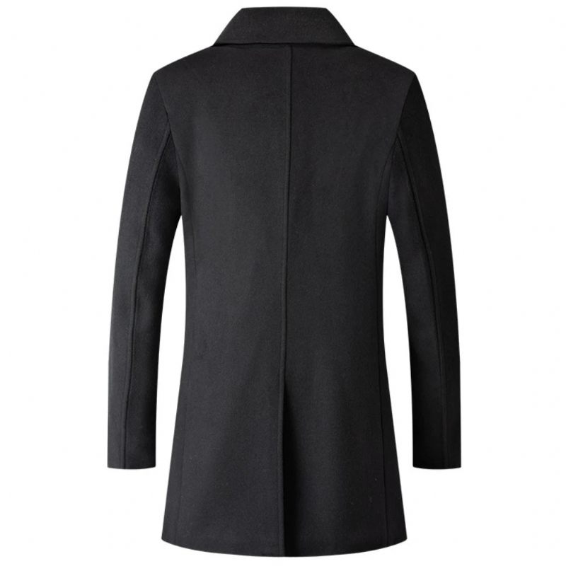 Double Breasted Coat Mænd Uld Jakke Lang Lapel Trench Coats Mand Vinter Windbreak Tøj - Sort