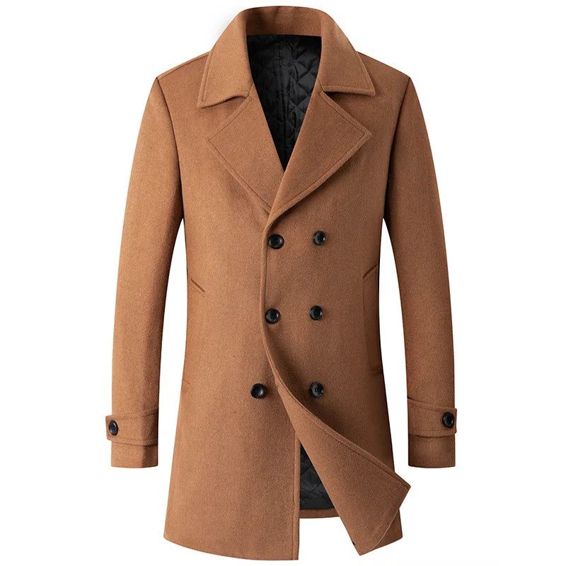 Double Breasted Coat Mænd Uld Jakke Lang Lapel Trench Coats Mand Vinter Windbreak Tøj - Sort